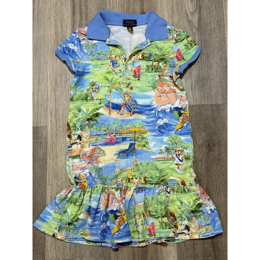 Polo Ralph Lauren Girls All Over Resort Beach Polo Bear Dress Medium 8-10 Ruffle